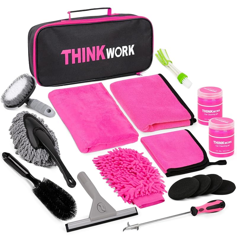 Kit de detalhamento automotivo THINKWORK para limpeza interna e externa rosa, com 17 peças