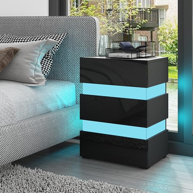 Modern LED Bedside Table with 3 Drawers High Gloss Night Stand with Storage Cabinet Bedside End Tables with Drawers for Bedroom Furniture Black