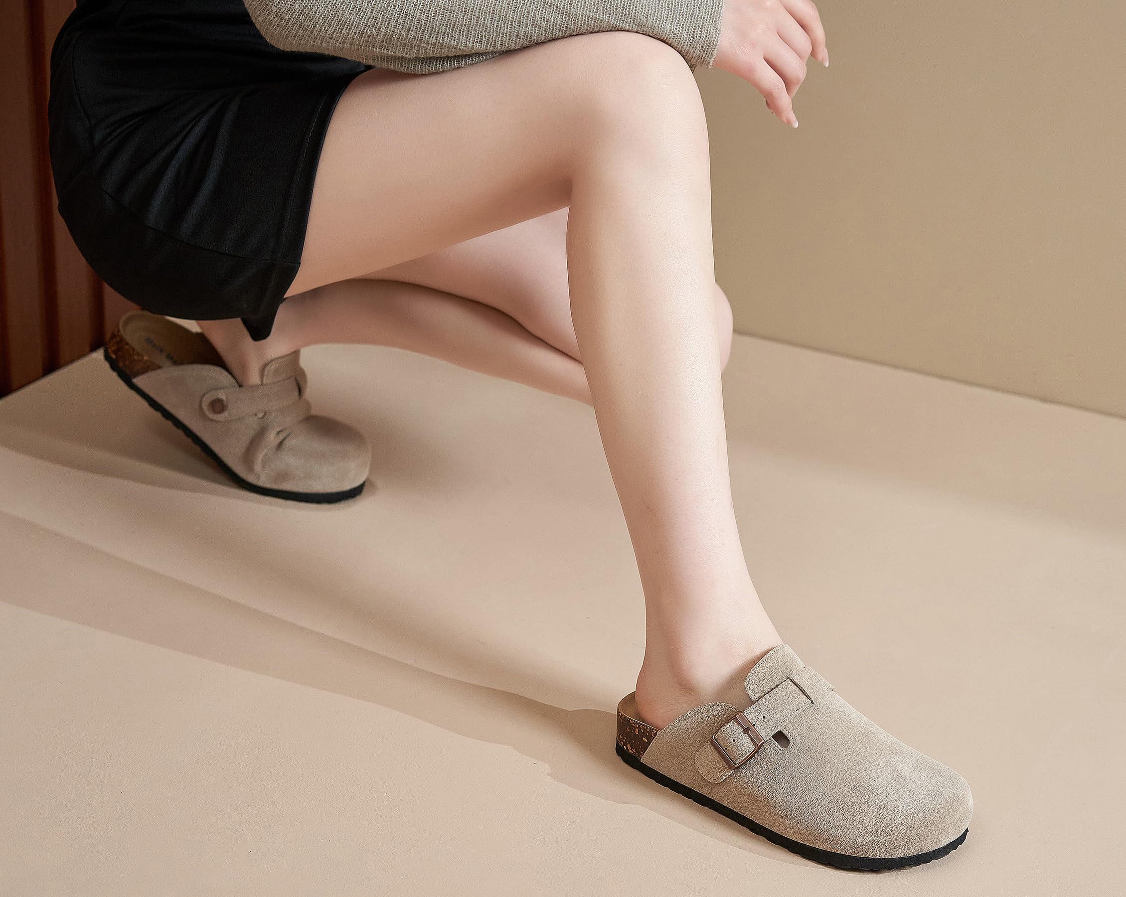 Meik Mangni Wildleder Clogs für Damen Herren Komfort Kartoffel Schuhe mit Arch Support Frauen aus Leder rutschfest Pantoletten mit Weiches Kork Fußbett,Gr.36-47 EU