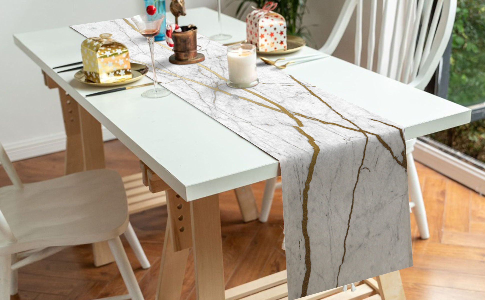 Marble Gold Trim Table Runner 18x72 Inch - Farmhouse Kitchen Dining Table Decor