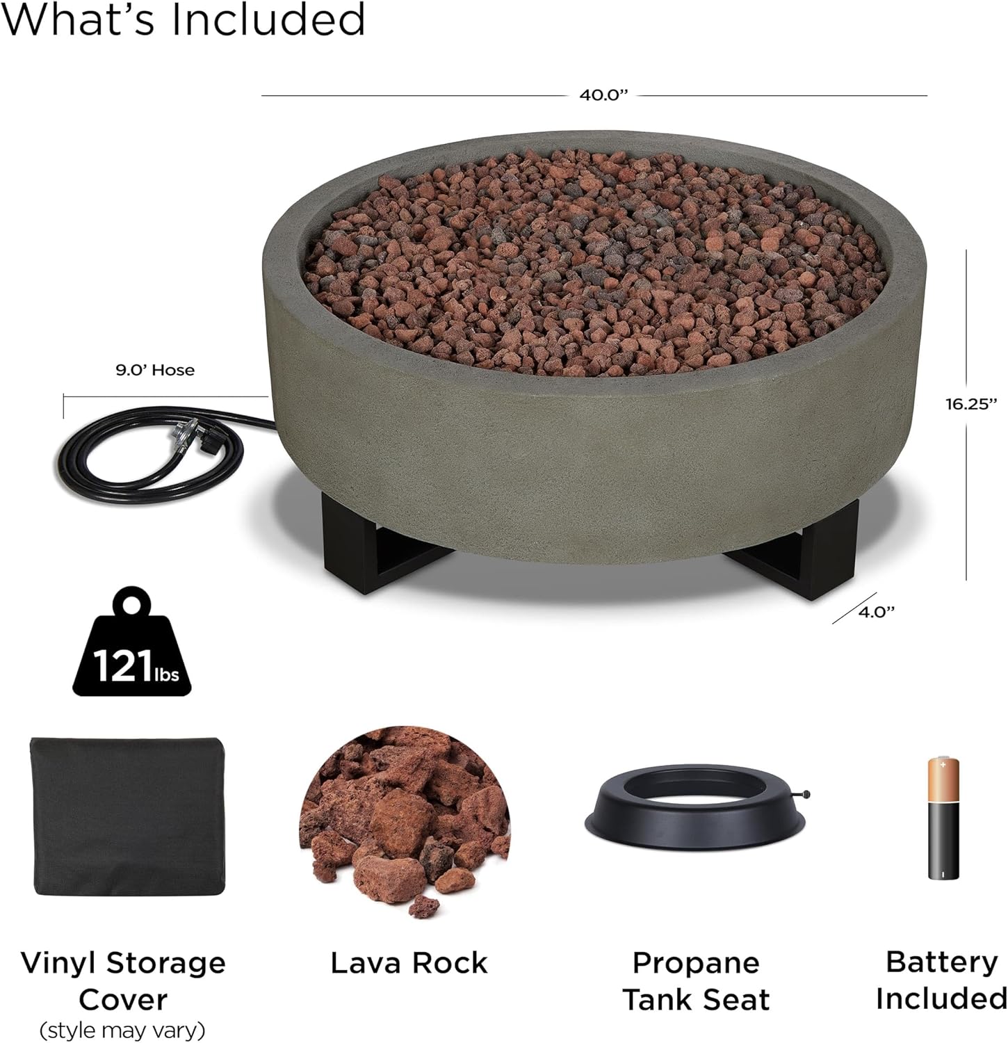 Bowery Hill Contemporary Propane Fire Bowl, 40x40 in Round Glacier Gray Finish, 50000 BTU, Weather-Resistant Outdoor Fire Pit with Stainless Steel Burner, Lava Rock, Vinyl Cover for Patio or Backyard
