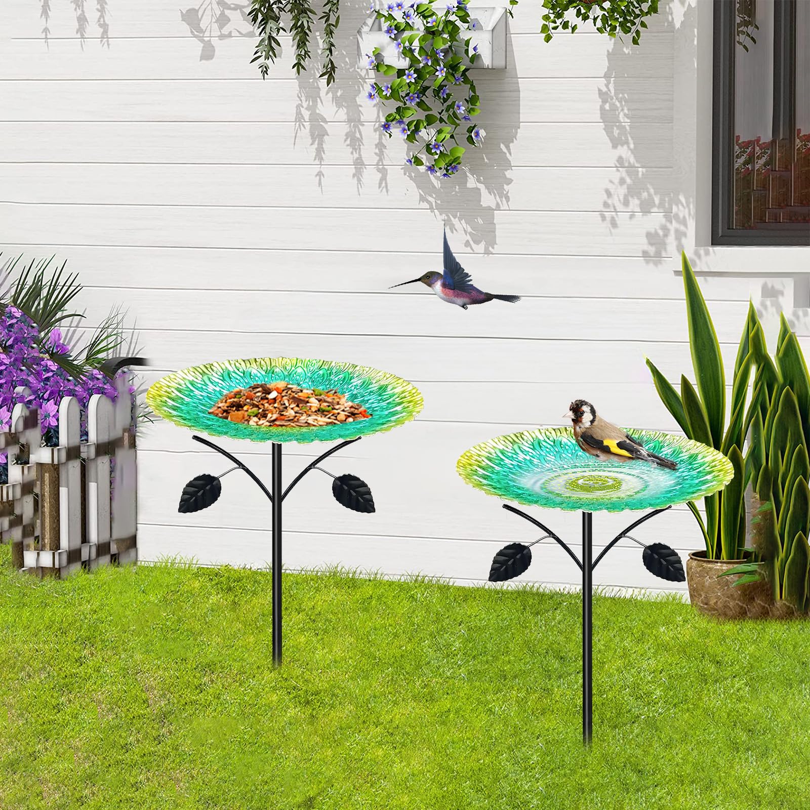 Bebedero para pájaros de pie, grande, 83 cm, de metal, baño para pájaros de pie, para jardín, resistente al invierno para exteriores, bebedero de agua antiguo para pájaros, bebedero de jardín con base