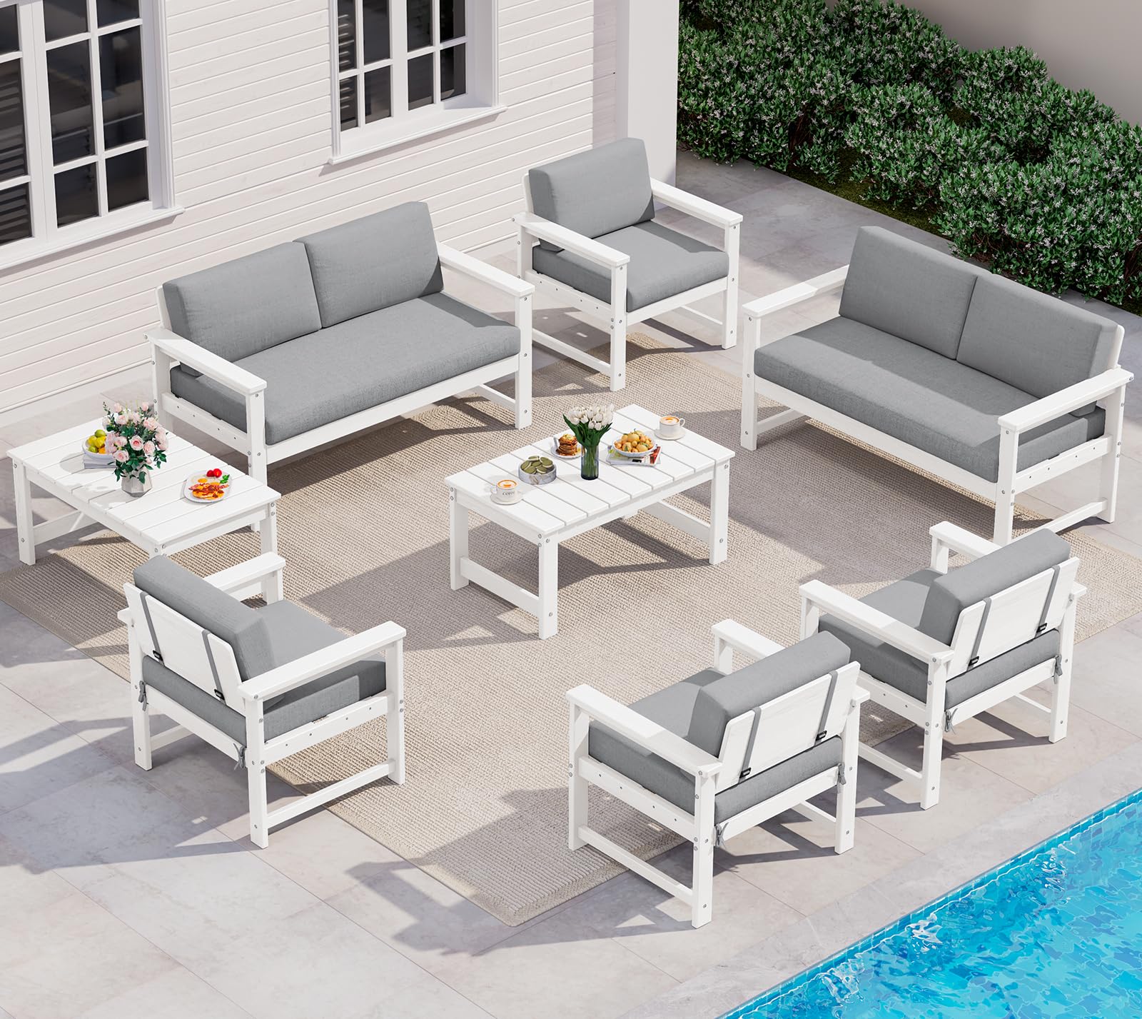 SERWALL 8 Pieces HDPE Outdoor Conversation Sofa Set with Cushion