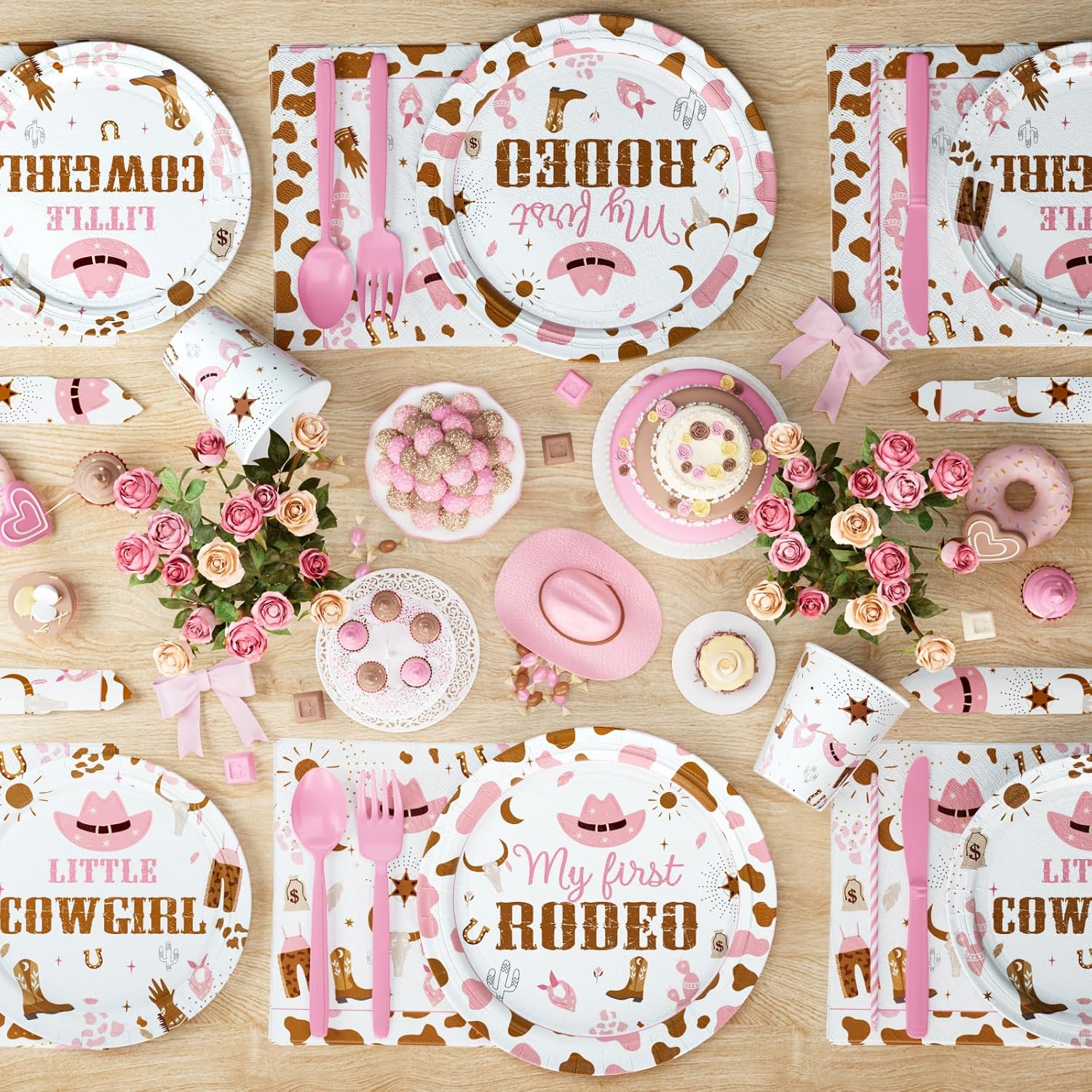 Costova My First Rodeo Supplies Tableware Set Girl, Cowgirl 1st Birthday Party Decorations, Western Wild West One Year Old Birthday Supplies Girl, My First Rodeo Banner Tablecloth Plates Napkins