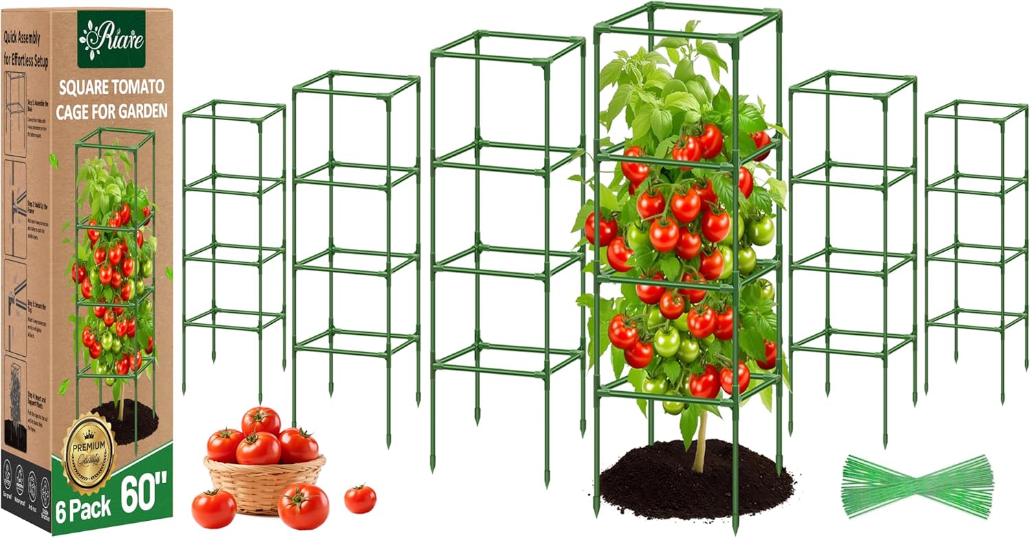 Riare 6 Pack Square Tomato Cages for Garden Plant Support- Up to 60 Inch Tomato Cage Garden Stakes Tomato Trellis for Potted Plants Raised Garden Bed Climbing Vegetables Flowers Outdoor Indoor