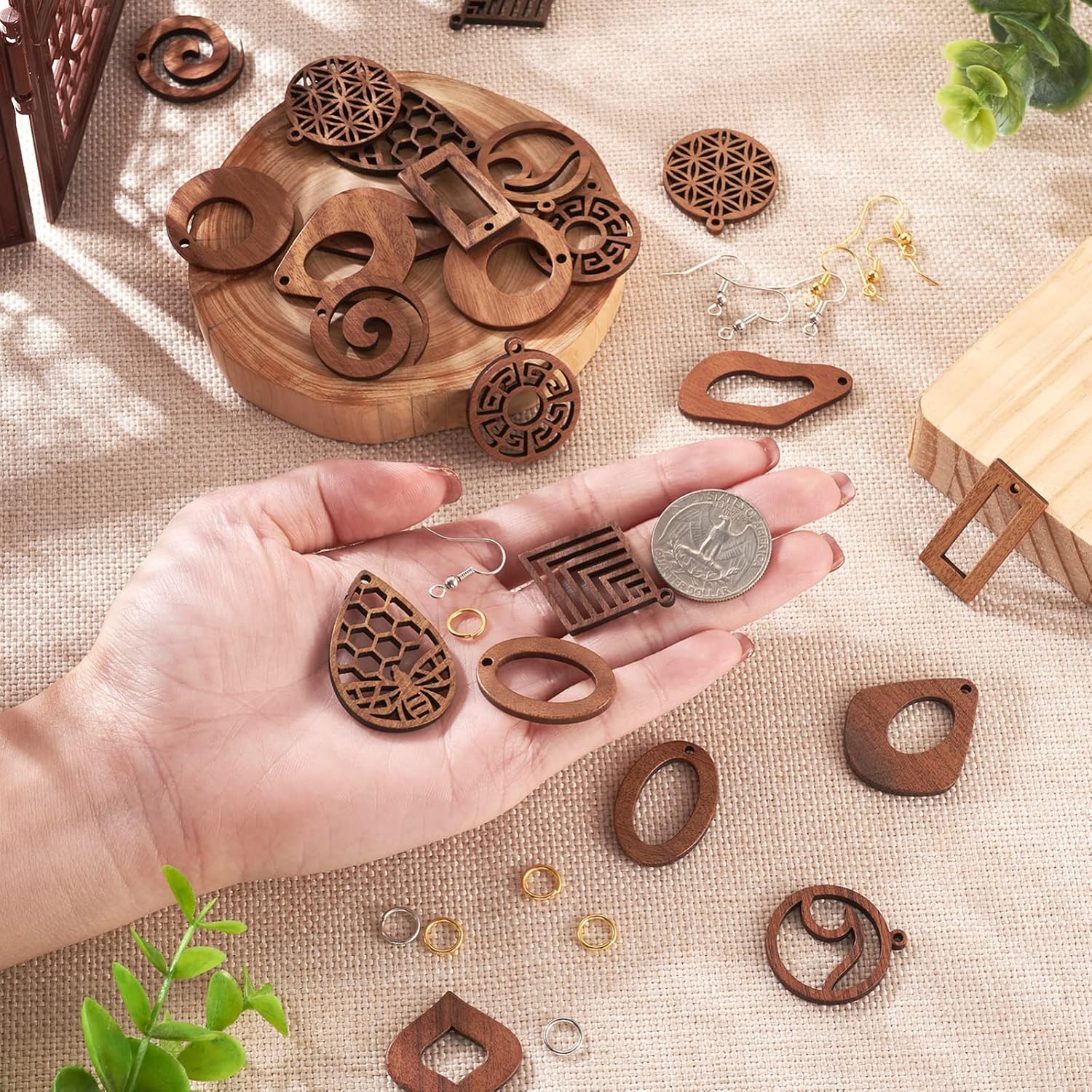 PH PandaHall Pandahall 24Pcs Natural Filigree Wood Earring Charms Flat Round Teardrop Wooden with 120pcs Hooks & Jump Rings Findings for DIY Women Boho Earrings Making 1 Box