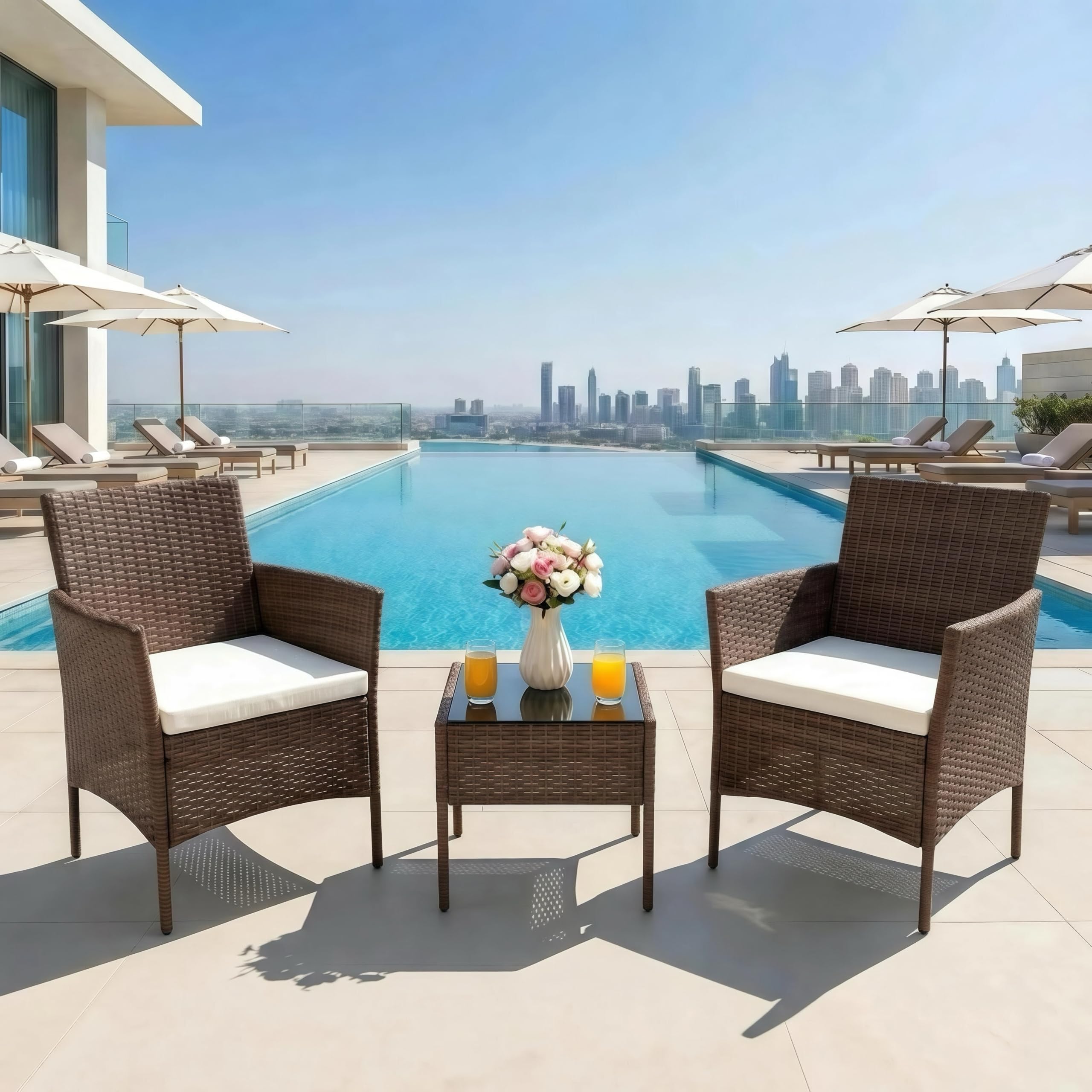 Alivio 3-Piece Outdoor Wicker Furniture Set, Patio Chairs with Cushions & Coffee Table, Weather-Resistant Rattan Seating Set for Garden, Balcony & Living Space (Brown)