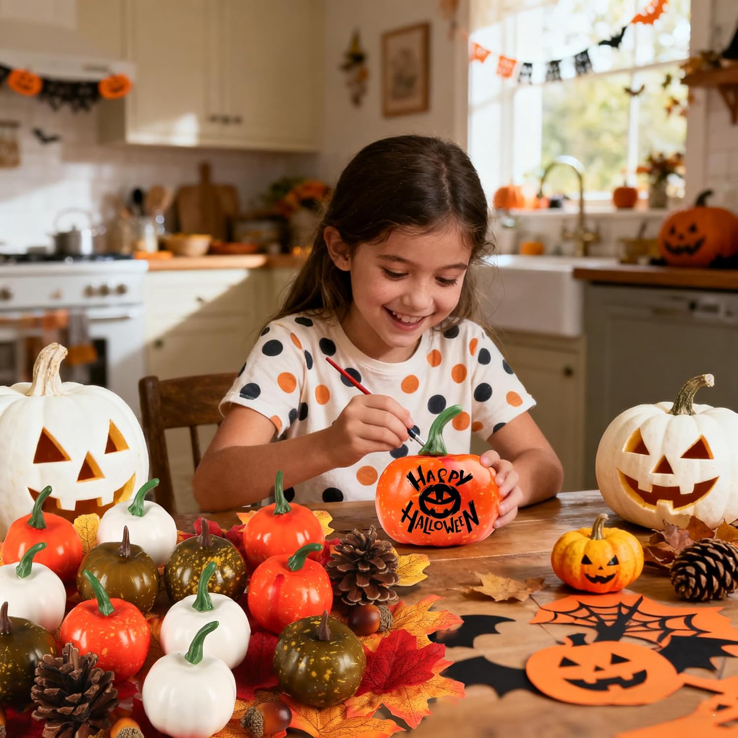 64 PCS Artificial Mini Fake Pumpkins for Decorating Foam Plastic Pumpkins Set Maple Leaves and Pinecones Acorns Orange White Pumpkin Fall Harvest Decorations Halloween and Thanksgiving Table Decor