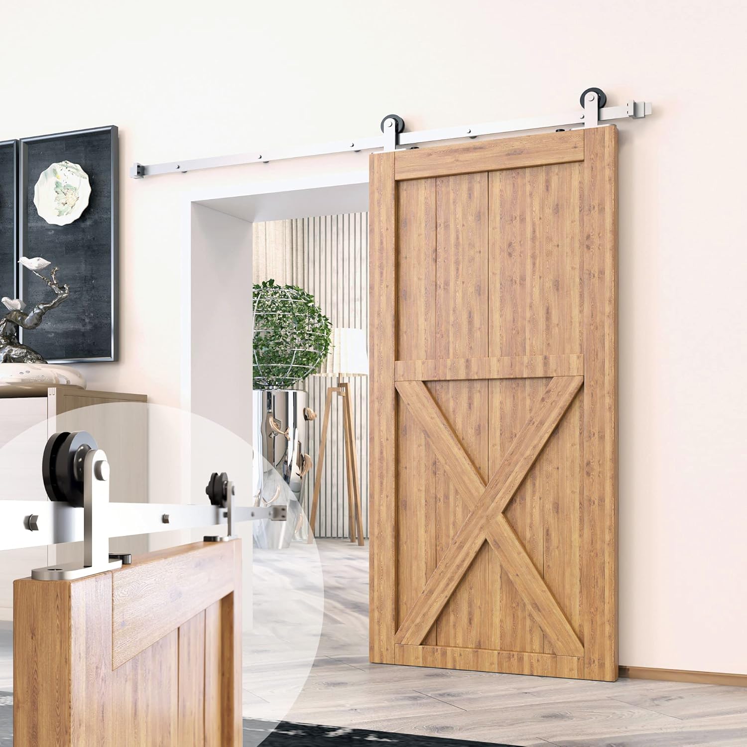 Homacer Brushed Nickel Non-Bypass Sliding Barn Door Hardware Kit, for One/Single Door, 7ft Long Flat Track, T-Shape Design Roller, Heavy Duty, for Interior Use