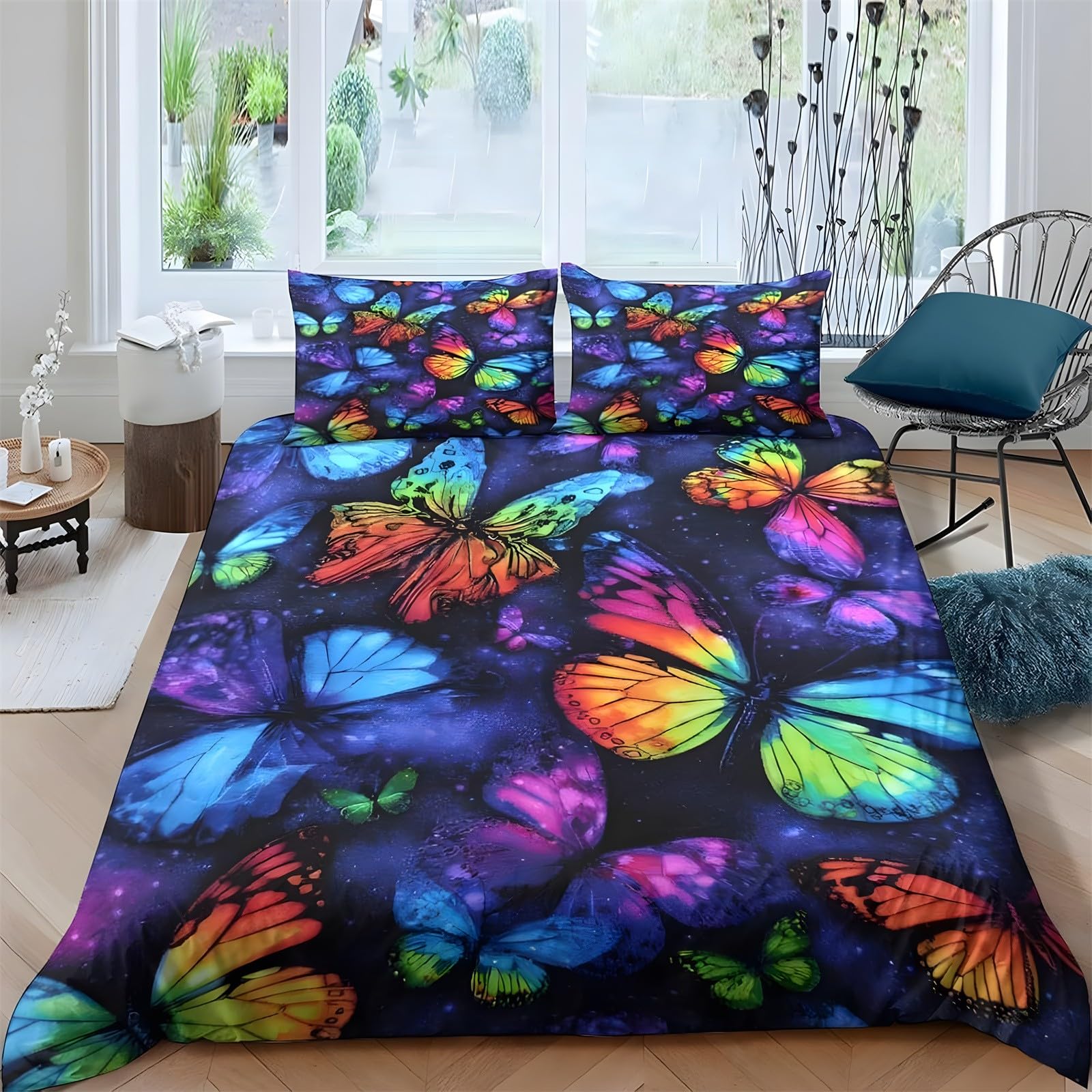 Ypthriline Double Bedding Set Butterflies Bedding Set Microfiber Starry Sky Duvet Covers with Pillowcases Reversible Bedding With Zipper Closure 200x200CM