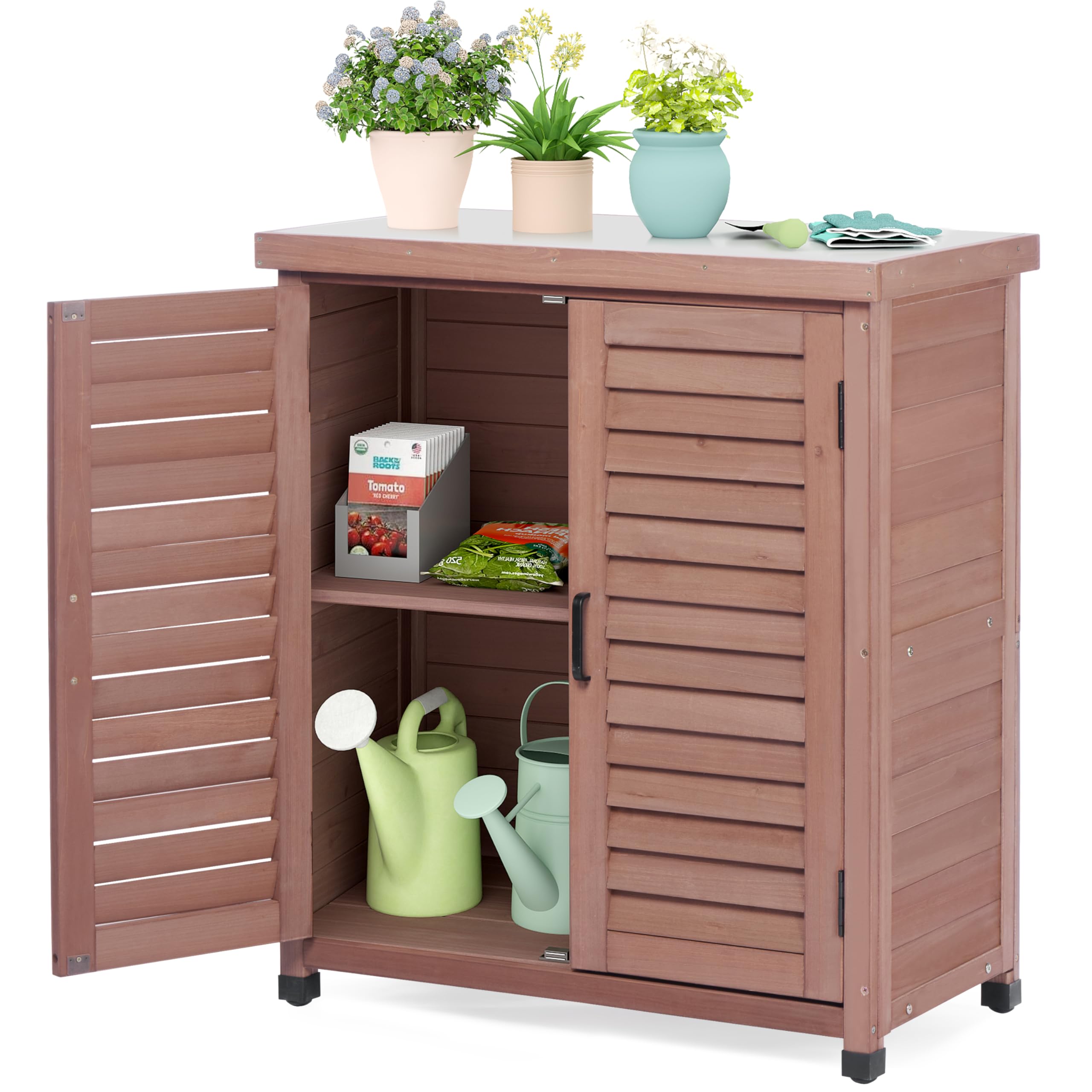 Outdoor Storage Cabinet & Potting Bench Table with Metal Top, Wooden Patio Furniture, Garden Workstation (Dark Brown, 36x31x17in)