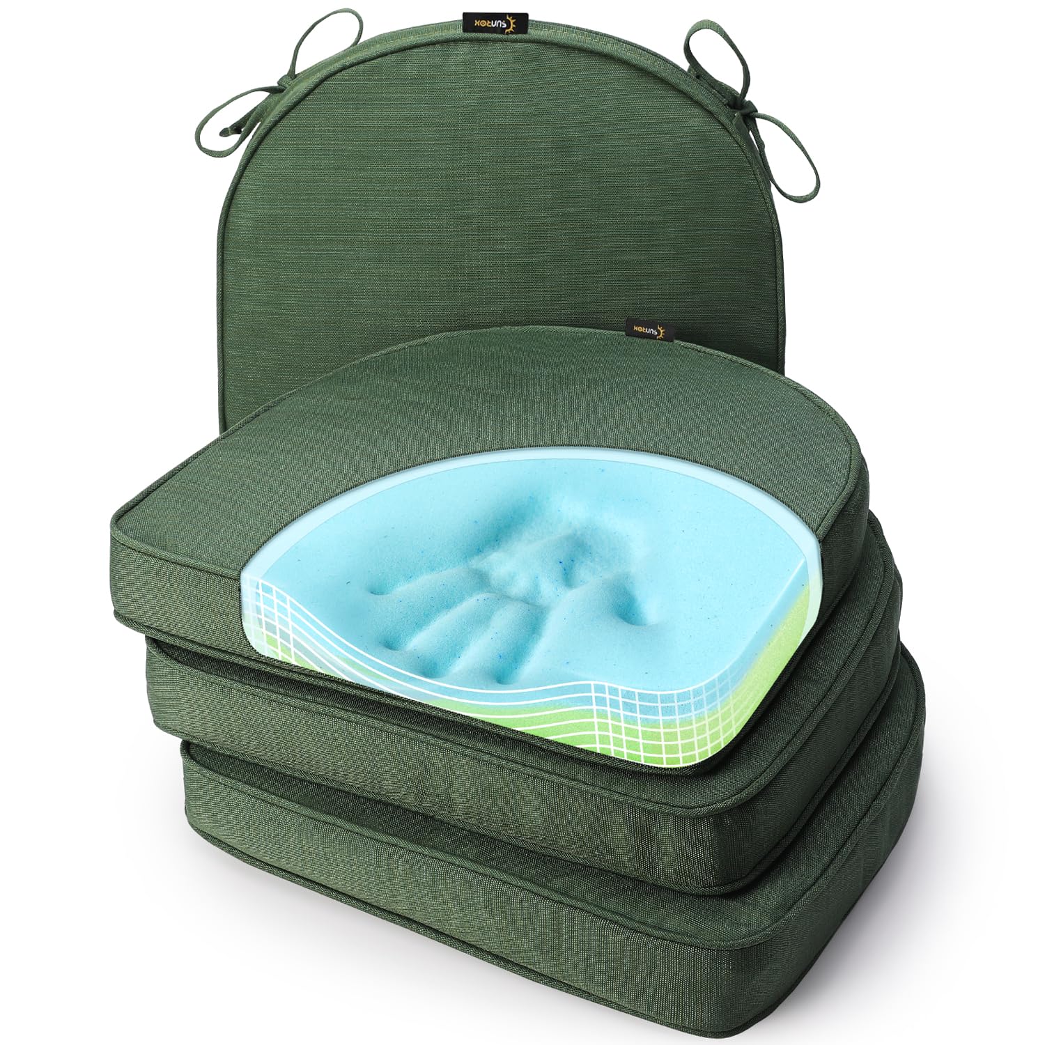 SUNROX Gel Memory Foam Chair Cushions, FadeShield Water-, Stain-Resistant Durable Reversible Seat Cushion Pads with Ties for Indoor/Outdoor Kitchen Dining Office, 19"x19", Set of 4, Heather Fern