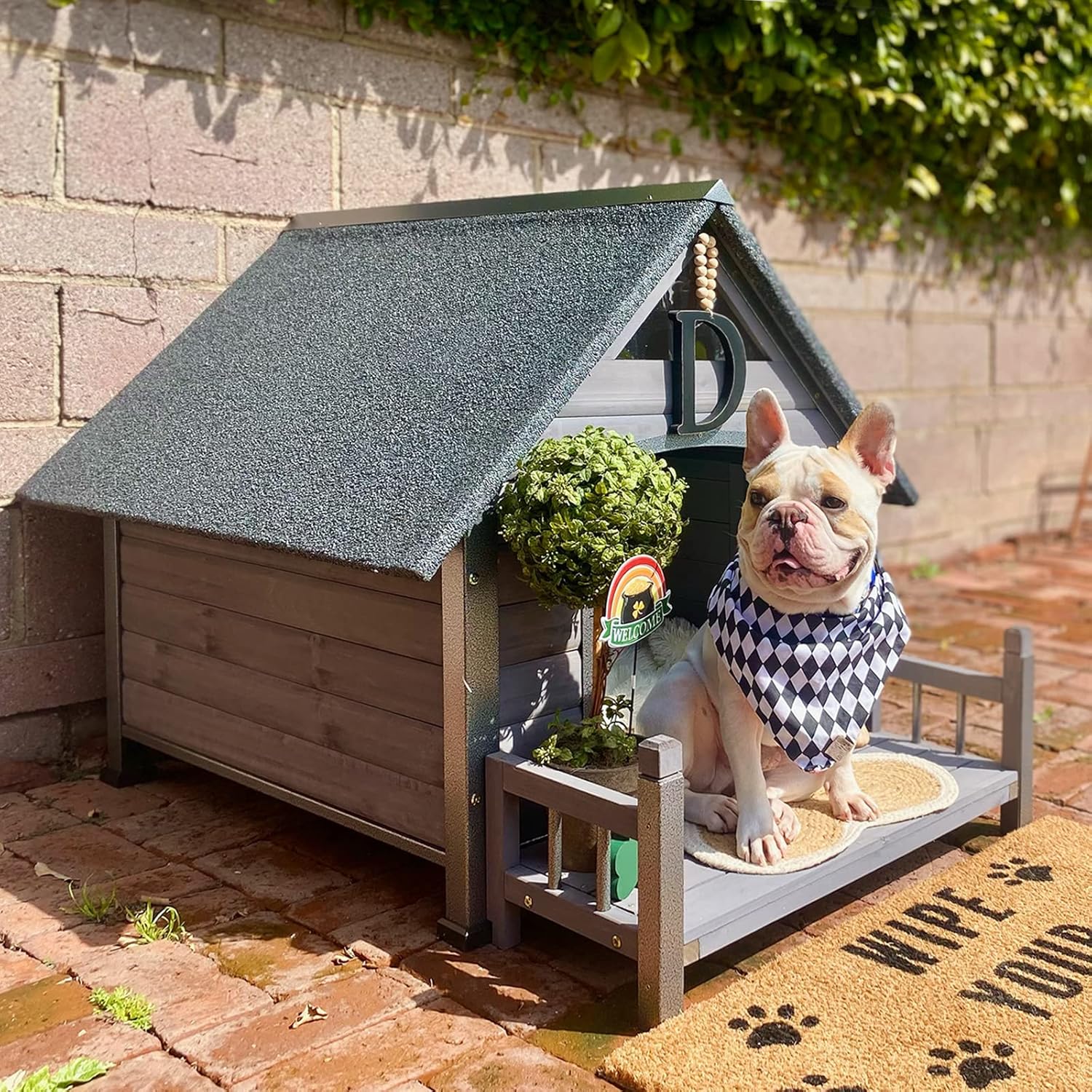 Dog House Outdoor Indoor Wooden Dog Cage with All Iron Frame Anti-Chewing for Small Medium Large Dogs Use,Raise Floor with Customized Plastic Feet Pad.