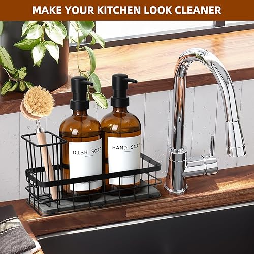 Miniatura 7 de Dispensador de jabón para platos para cocina, dispensadores de jabón de manos y platos ámbar de 16.9 onzas líquidas, juego de dispensador de jabón