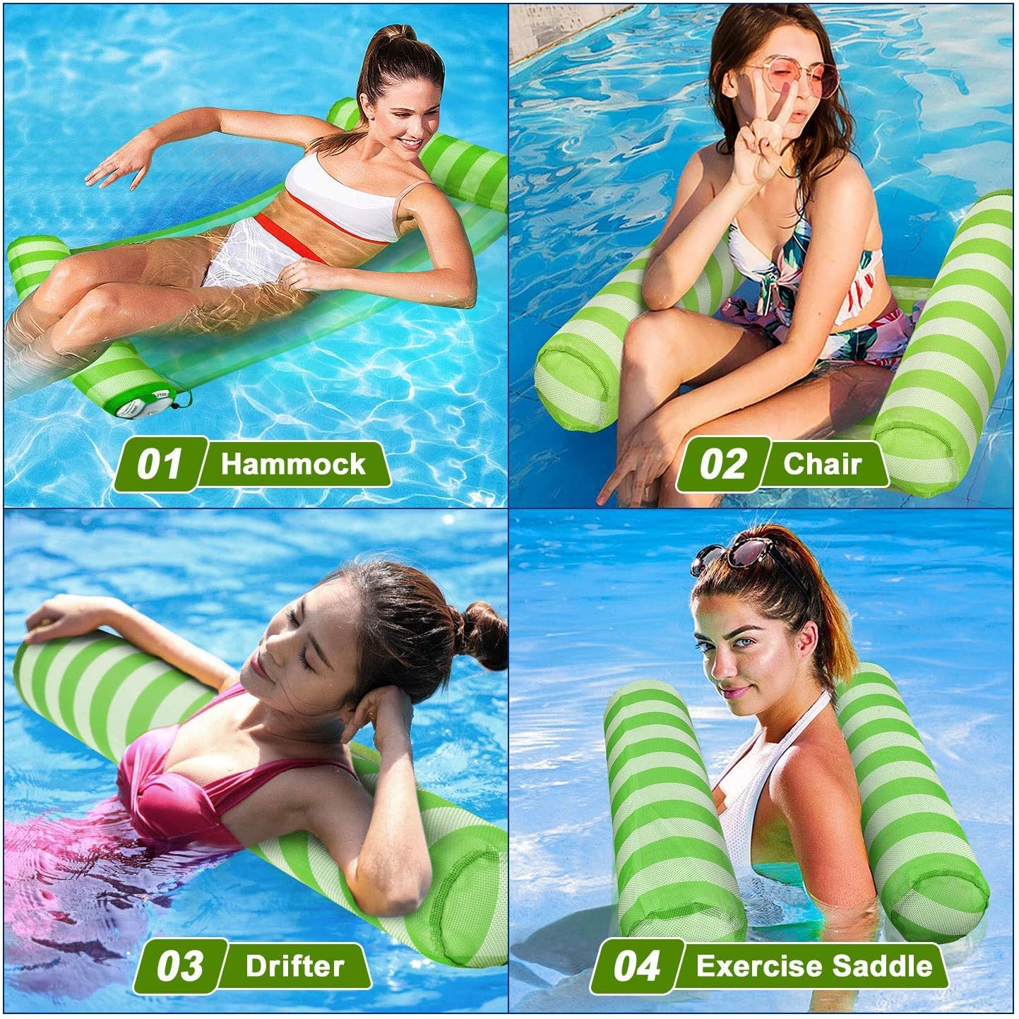 KMM Swimming Pool Floats Adult Size - 2 Pack, Multi-Purpose Inflatable Hammock (Saddle, Lounge Chair, Hammock, Drifter), Pool Rafts Water Hammock Lounge with Air Pump (Blue & Green)
