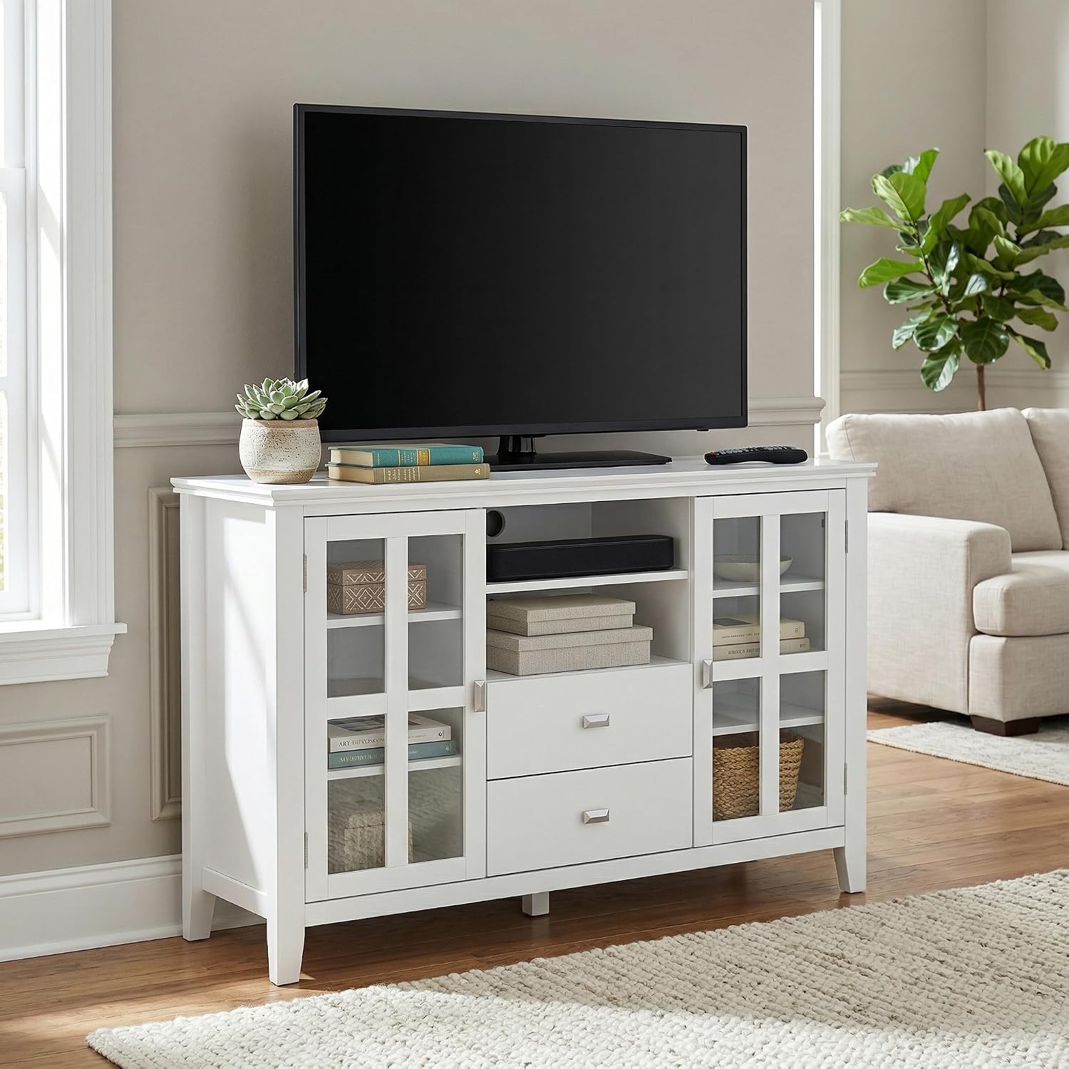 SIMPLIHOME Artisan TV Stand - 53 inch Wide Solid Wood Tall Media Console in White, Contemporary Entertainment Center for Living Room for TVs up to 60 Inches with Drawers and Cable Management