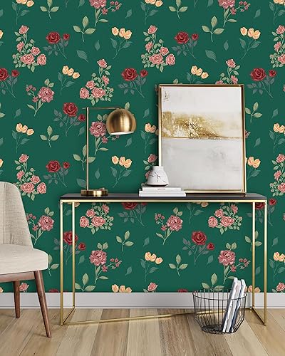 Miniatura 2 de MORCART Papel tapiz floral vintage extraíble, elegante verdechampánrosa rosa para paredes y muebles, mural de vinilo autoadhesivo de lujo (17.7 x