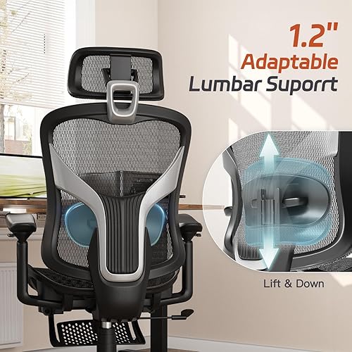 Miniatura 4 de Silla de oficina ergonómica, silla de escritorio de malla con reposapiés, soporte lumbar ajustable, reposabrazos 3D y reposacabezas grande