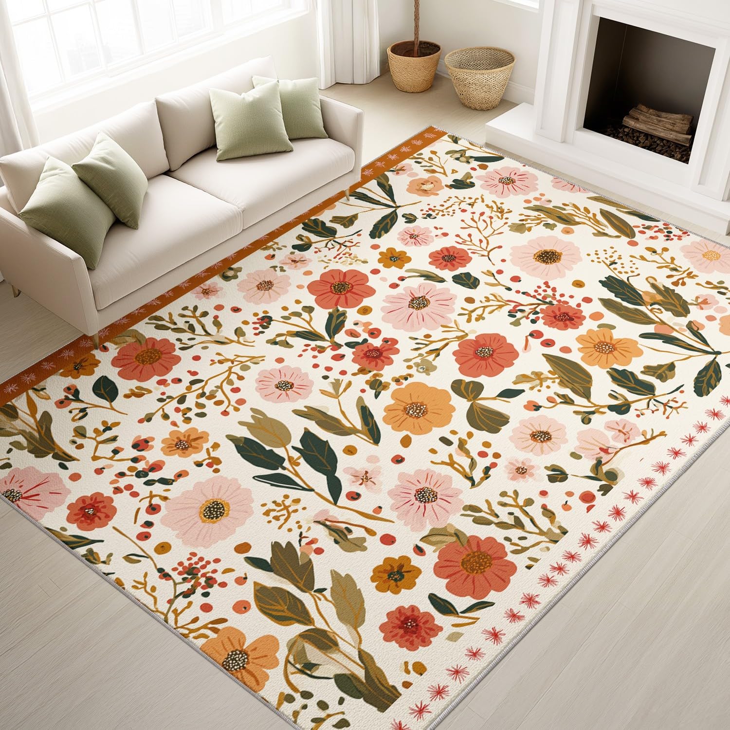 Tapis élégant romantique rose aux détails botaniques raffinés