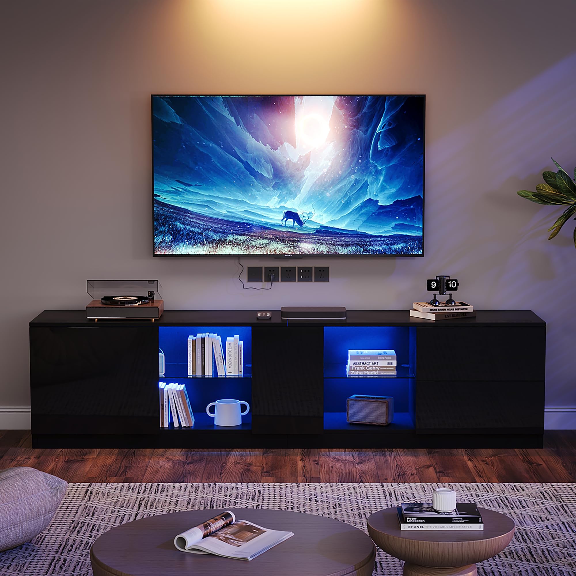 Mueble bajo de TV de 160 cm con puertas y cajones, armario de TV con iluminación LED, soporte de TV, armario para sala de estar, TV para televisor de 65 pulgadas, color negro