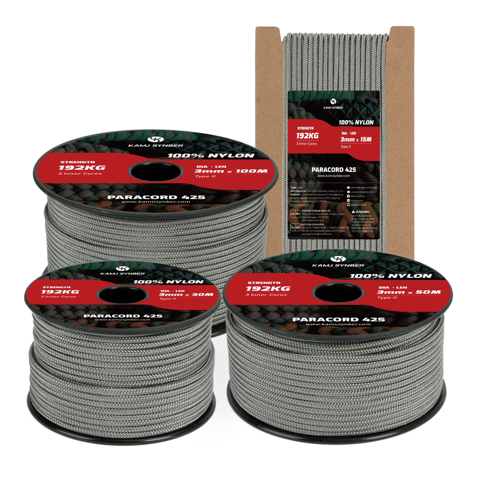 Kamu Synber 425 Paracord 3mm x 100m 100% Nylon Rope 3 Strands Parachute Cord Type II for Outdoor, Crafting, DIY | Support 192kg | Charcoal Grey
