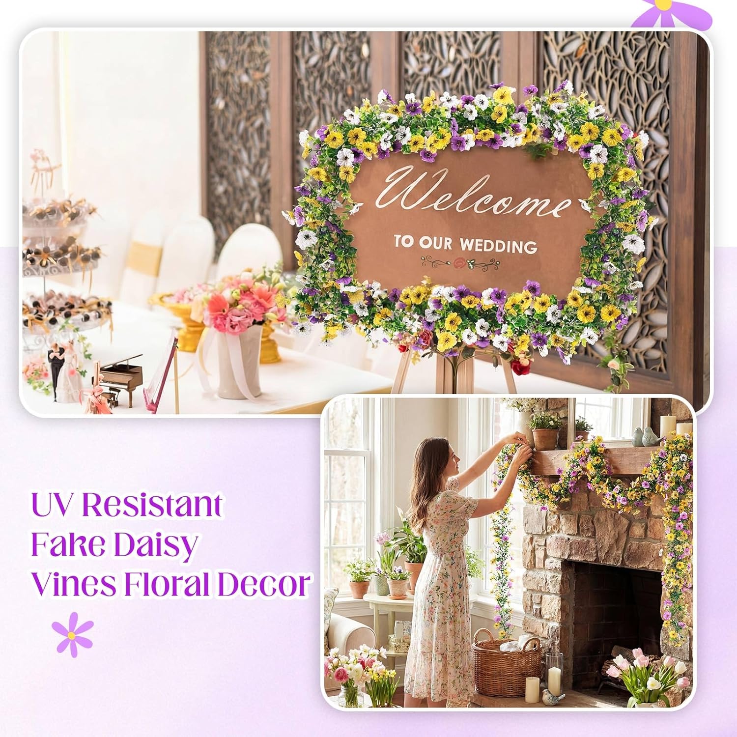 4 Pcs 6 ft Artificial Flowers Wisteria Garland-Total 24 ft Fake Hanging Wisteria Flowers Green Vines Garlands, Faux Flower Daisy with Eucalyptus Leaves for Garden Decor (Mixed 3 Colors)