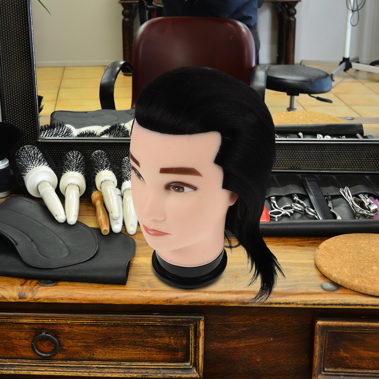 Happyyami Tête de mannequin homme avec cheveux - Tête de mannequin pour coupe de cheveux, matériel de coiffure pour la cosmétologie, raides et épais, entraînement barbier, coiffure