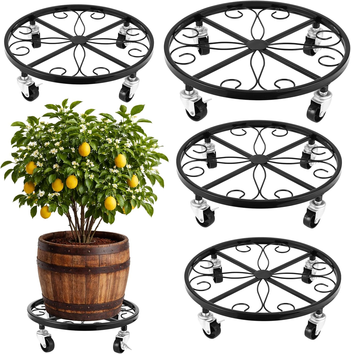 Plant Stand with Wheels, 4 Pack Rolling Plant Stand Rollers Heavy Duty 11 / 12 / 12.6 / 13.5 Inches Metal Wheeled Planter Caddy Wrought Iron Plant Dolly with Casters Flower Cart Outdoor Indoor, Black