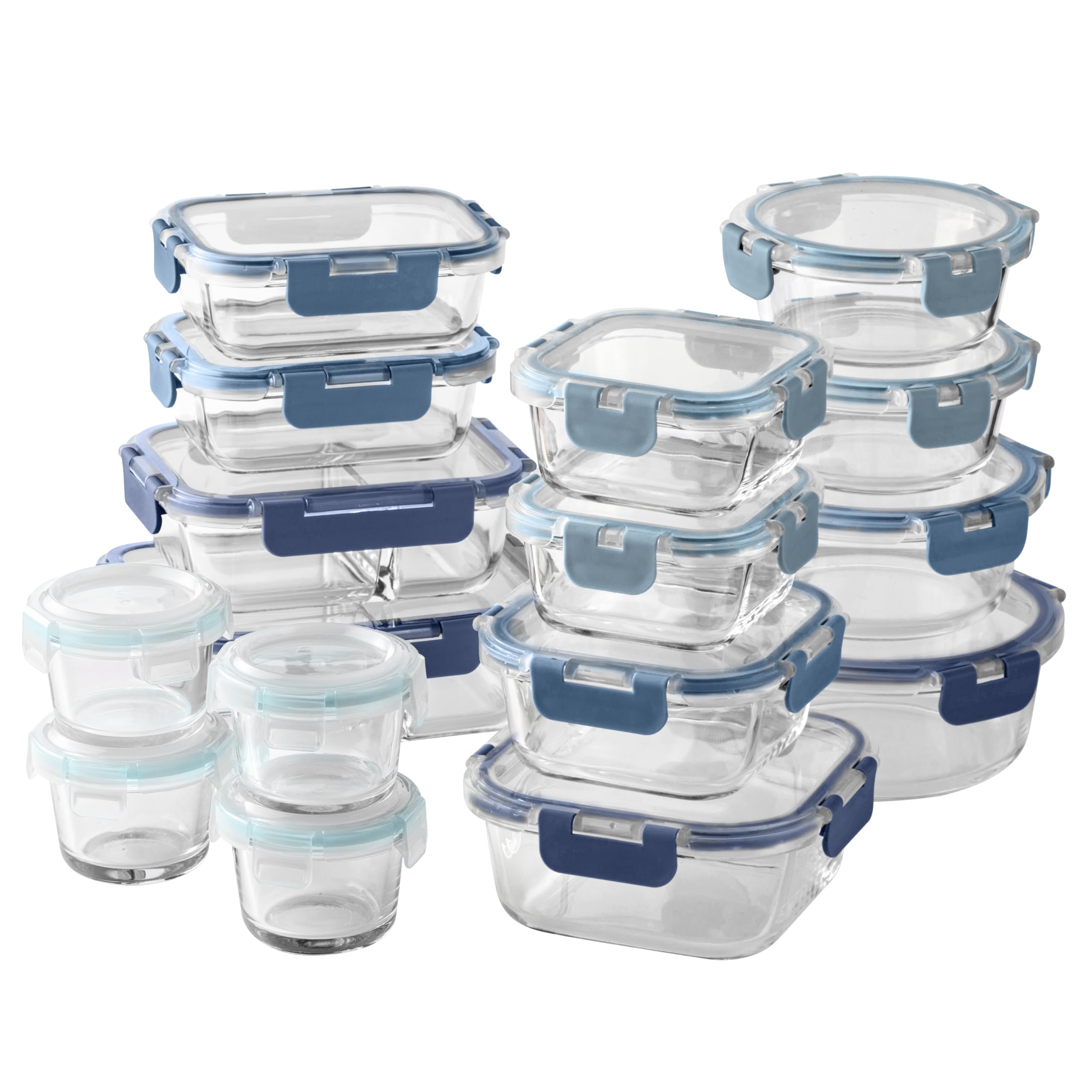 cook with color premium 32-pc. borosilicate glass food container set with dividers - 4 rectangles, 8 rounds, 4 squares - leakproof lids - meal prep, storage, ombre grey