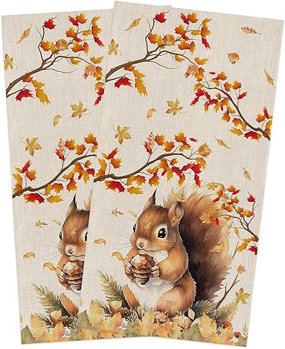Miniatura 9 de Juego de toallas de cocina de otoño, hoja de arce, rama de árbol de Acción de Gracias, toalla de cocina de otoño, ardilla, pino, paquete de 2, paños