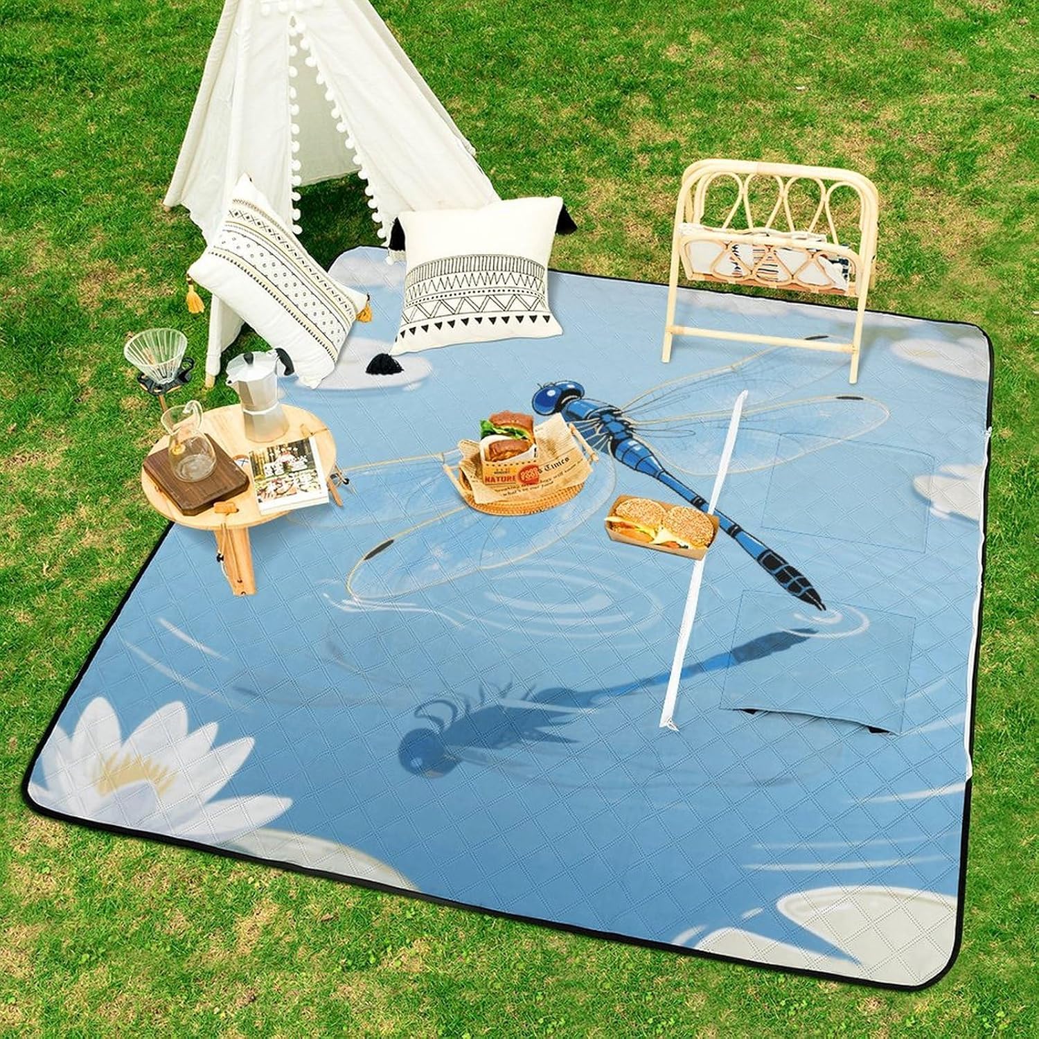 Blue Vintage Dragonfly Picnic Blanket 150x150cm, Foldable 2-in-1 Picnic Mat and Tote Bag Portable Waterproof Beach Mat Sandproof Outdoor Blanket for Park, Hiking, Beach, Camping, Travel