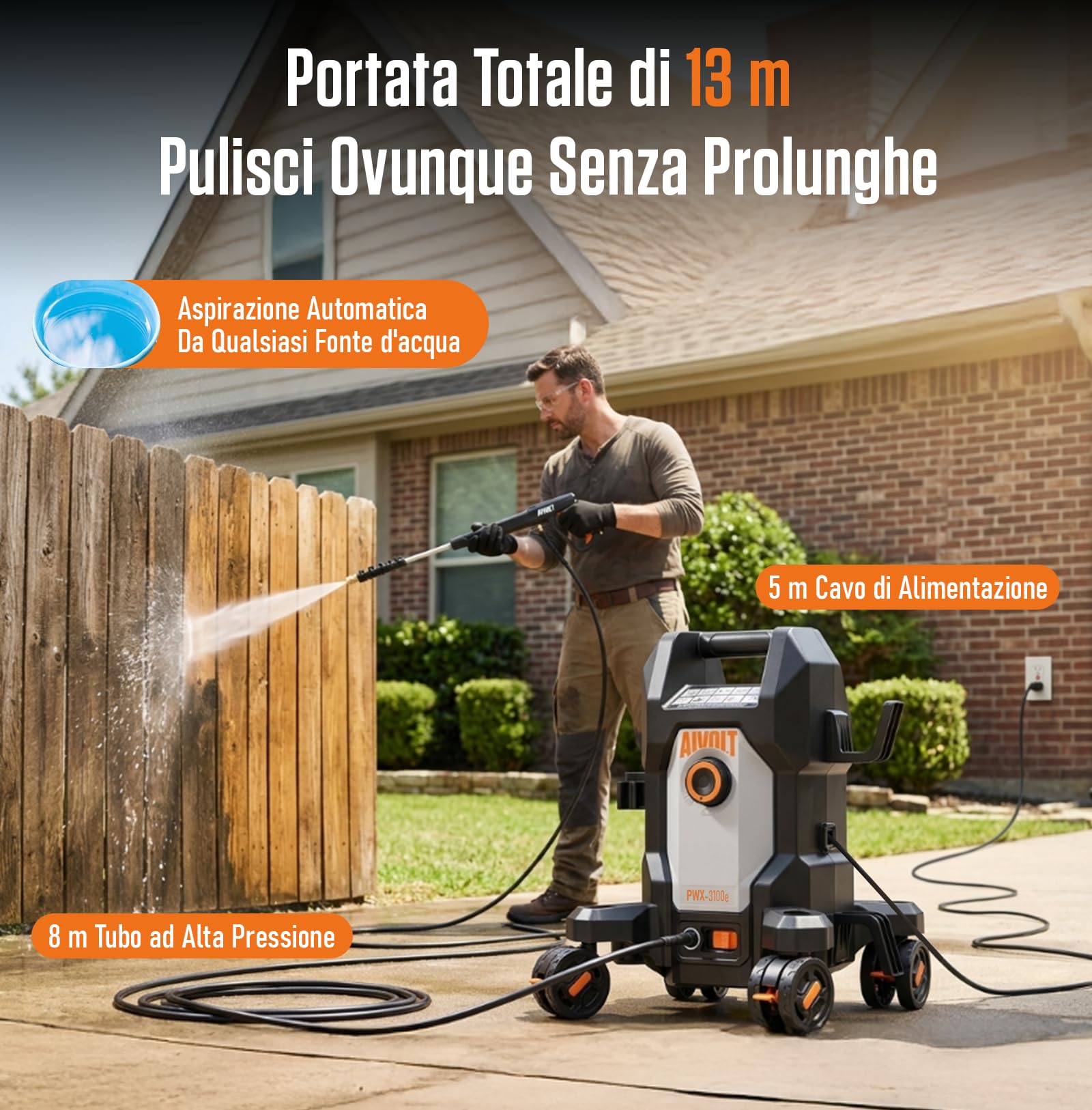 AIVOLT Idropulitrice ad Alta Pressione da 1800W, 170 Bar | con 5 Ugelli di Diversa Modalità, Tubo Flessibile da 7,6 Metri, Portata Massima 360 L/H, per Pavimenti, Finestre, Auto, ecc.