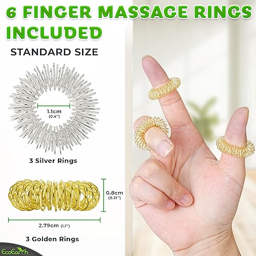 Miniatura 4 de EcoEarth Juego de masajeador de dedos y manos, 1 rodillo de masaje de doble cara, 6 anillos de masaje para dedos, comodidad de tejido profundo y