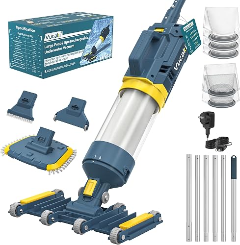 Vucaki 5-in-1 Handheld Pool Vacuum with 10.8FT Telescopic Pole – 14" Wheel Vacuum Head, 18.9GPM Suction, 70Min Runtime, Heavy Duty Pool Vacuum Cleaner for Inground & Above Ground Pools and Spas