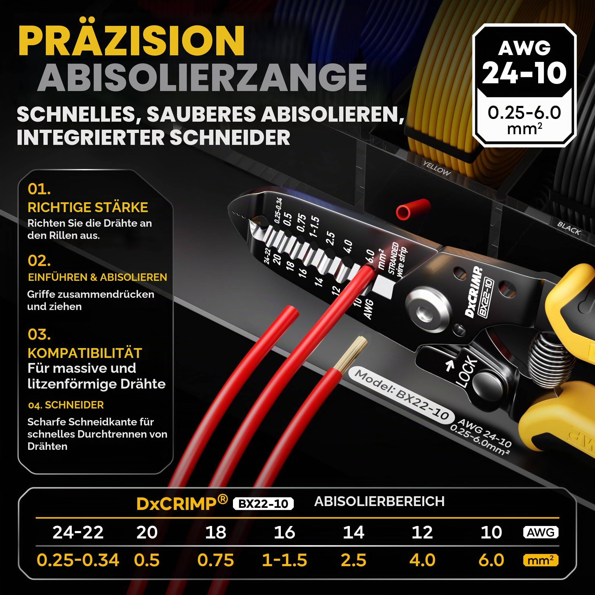 DxCRIMP Crimpzange Kabelschuhe Set, 0,34-6mm², 45 Arten isolierte Quetschverbinder und Ratschen-Kabelschuhzange - Ring-, Gabel-, Stift- und Flachsteckhülsen Sortiment - für Kfz, Haus & Elektrik