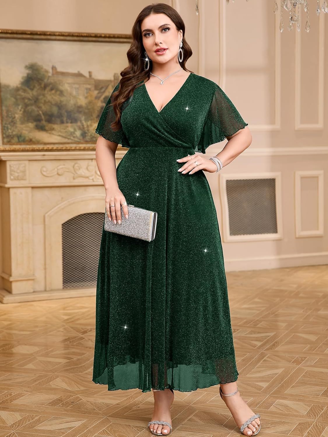 ZOMVA Plus Size Sparkly Maxi Dress V-Neck Wrap Ruffle Sleeve A-Line Glitter Gown Wedding Guest Cocktail Evening Party - Image 6