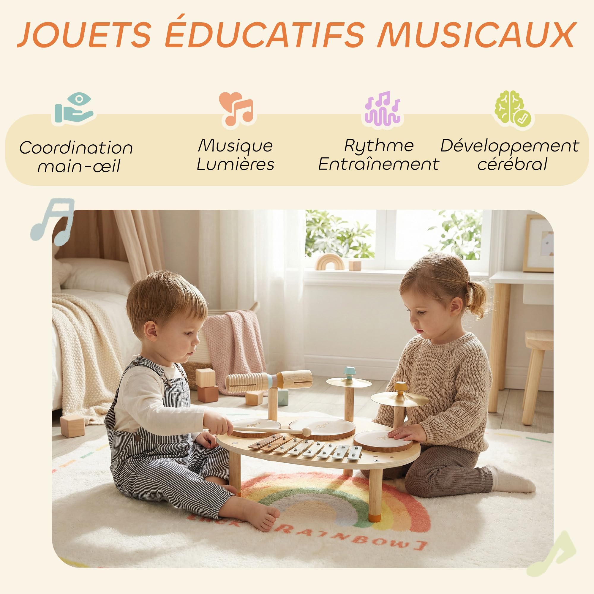 AIYAPLAY Jeux de Tambours pour Bébé avec Xylophone pour Tout-Petits 2+ Ans | Tambour Bébé, Instruments de Musique pour Enfants en Bois, Cadeaux de Garçons et Filles, Bois Naturel
