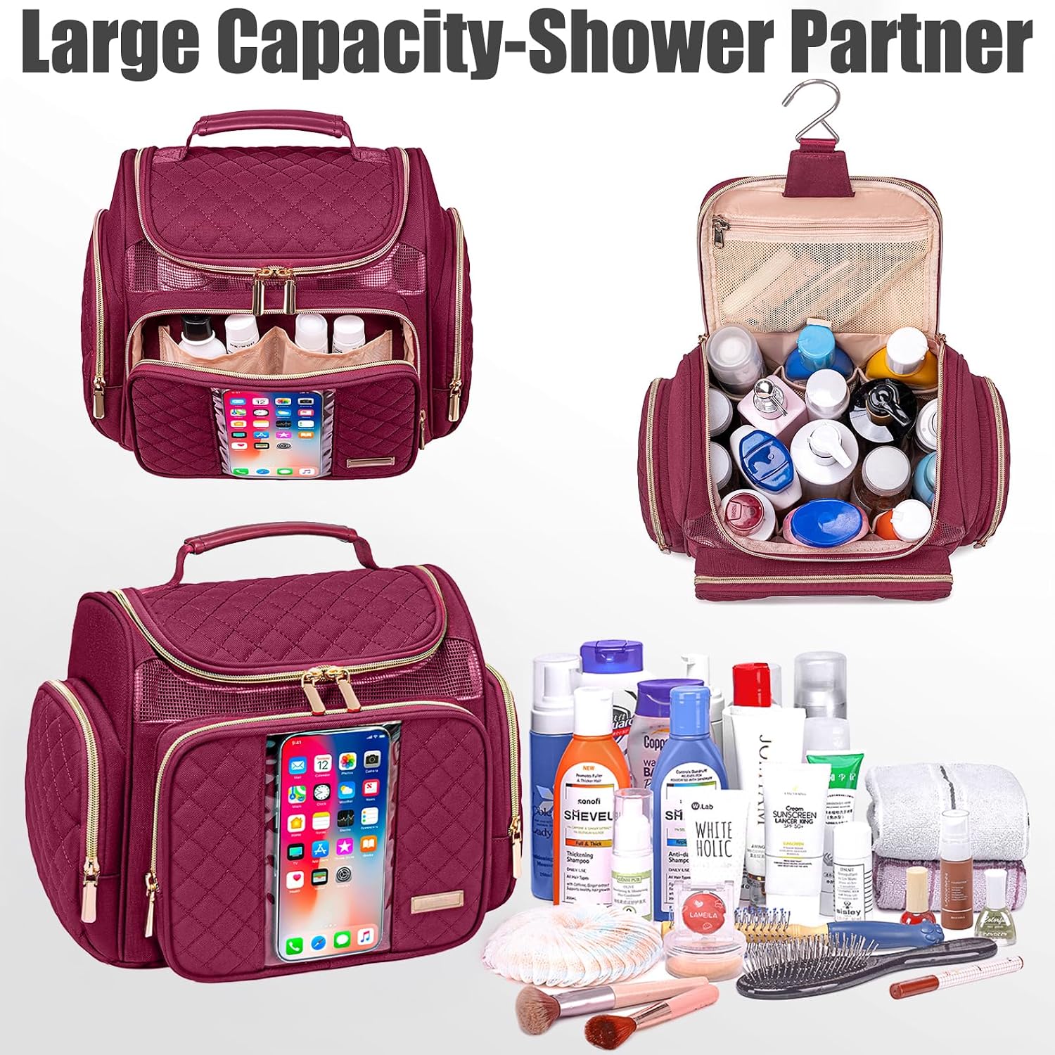 Large Toiletry Bag for Women Men,Bathroom Bag,Water Resistant Shower Bag,Makeup Bag,Toiletry Bags for Traveling,Hanging Toiletry Bag with Transparent Waterproof Phone Pocket (Wine Red)