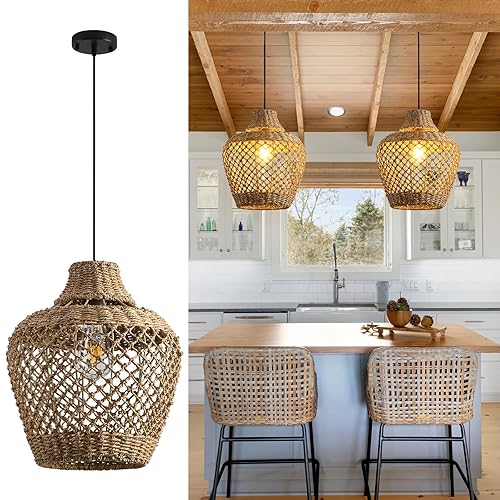 2-Pack Rattan Pendant Light,Bohemian 11.81” Wicker Chandelier,Hand Woven Hanging Seagrass