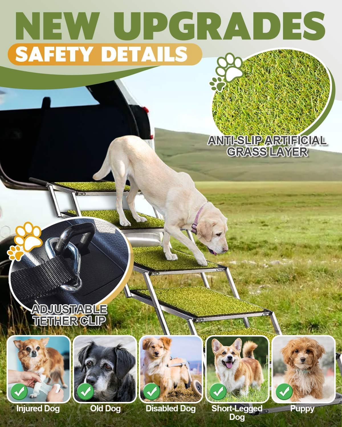 Foldable Dog Car Ramp for Large Dogs, 5 Steps Portable Large Dog Steps for Car Truck SUV High Bed, Aluminum Stairs with Grass Padded, Outdoor Ramp Stairs for Dogs Max Up to 200lbs