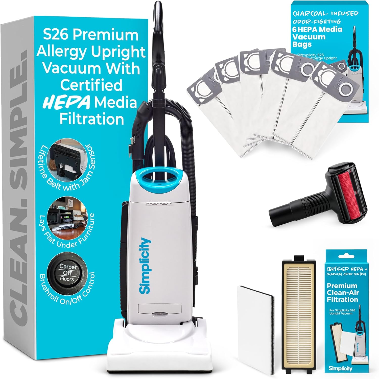 Simplicity Vacuums Upright Vacuum Cleaner – Corded Vacuum Cleaner Designed for Carpet & Hard Floor Cleaning with Automatic Height Adjustment, Includes HEPA Vacuum Bags, Filter Set & Pet Tool
