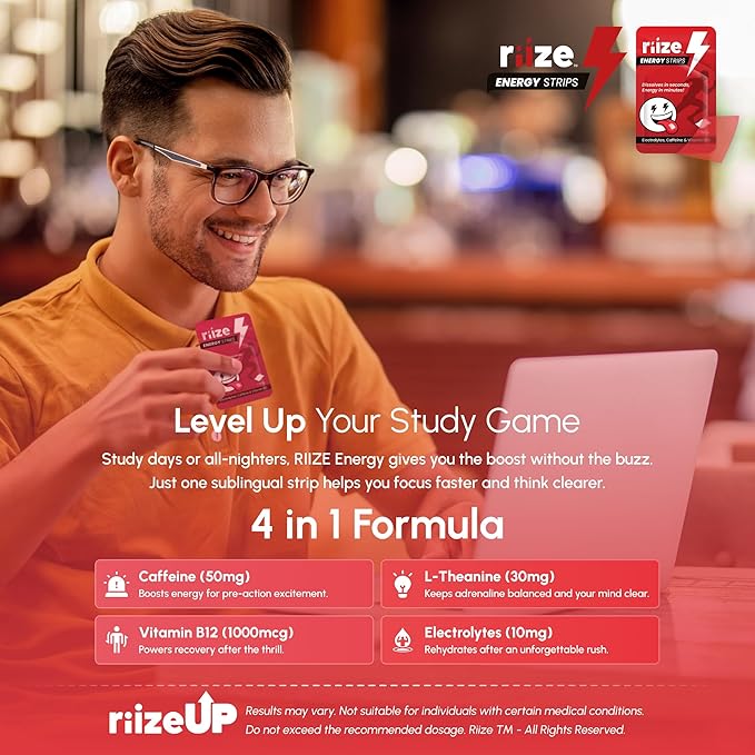 Riize Energy Strips, Fast Acting with 50mg Caffeine, L-Theanine, Vitamin B12, Electrolytes, Natural Flavors, Vegan, Instant Boost Oral Supplement (3 Count Pack)