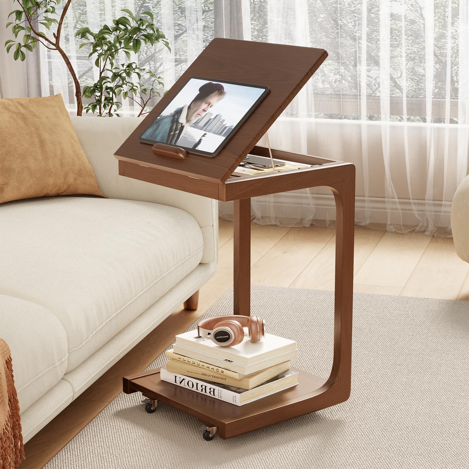 AQIMUELE C-Shaped Side Table, Wood Bedside Table, Sofa Side Table, with Wheels, End Table for Small Spaces, Coffee Table, for Living Room, Bedroom, Walnut - W40cm