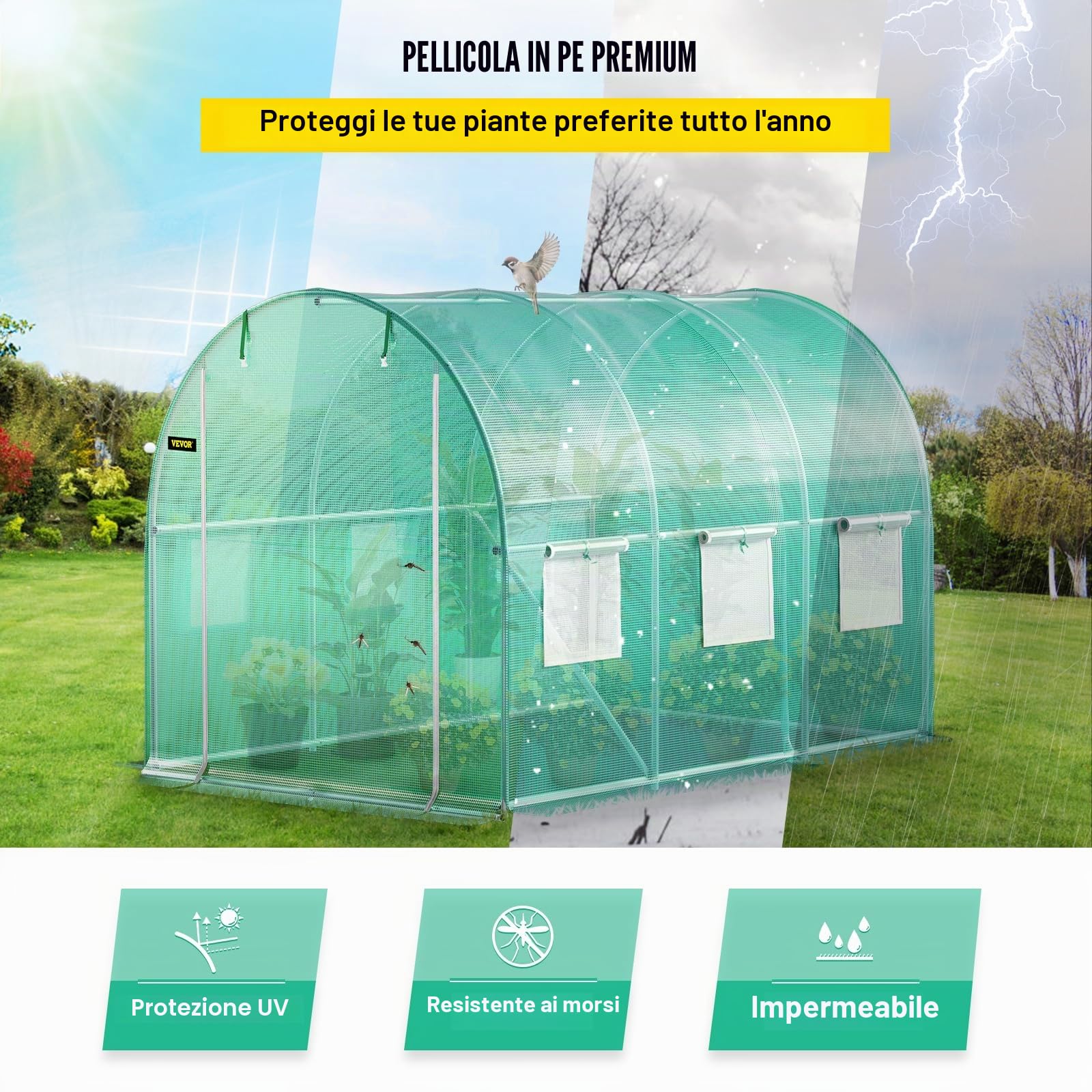 VEVOR Serra da Giardino per Piante a Tunnel Impermeabile con 6 Finestre e Porte 3 x 2,1 x 2,1m, Serra a Tunnel da Esterno Impermeabile in Acciaio Zincato Copertura PE 12,8 kg,Serra a Tunnel Verde,1077