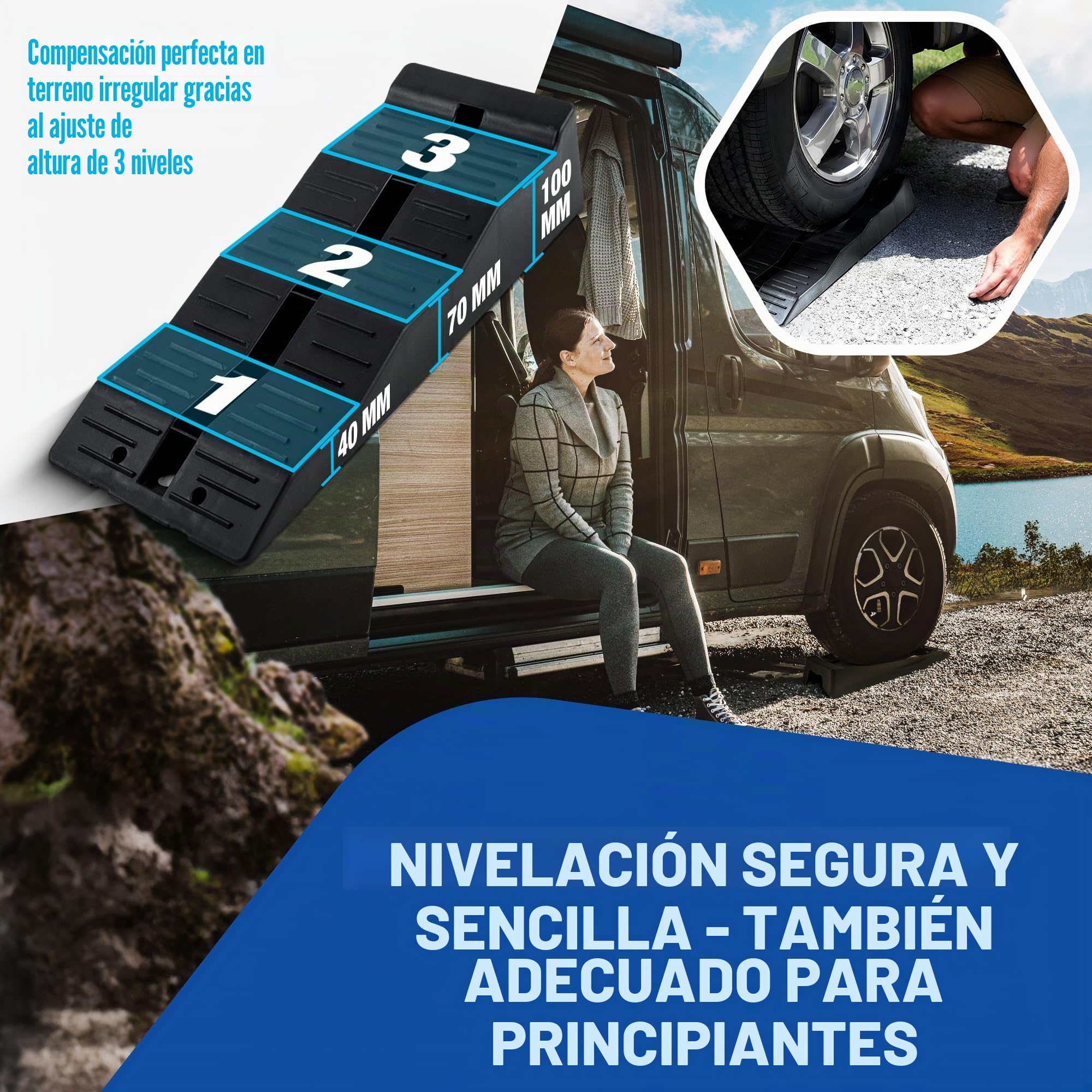 NTG – Cuñas niveladoras para autocaravana (set de 2) – Nivelación de 3 niveles hasta 3000 kg por set, estructura antideslizante ideal para caravana, autocaravana y remolque - Cuñas para todos los
