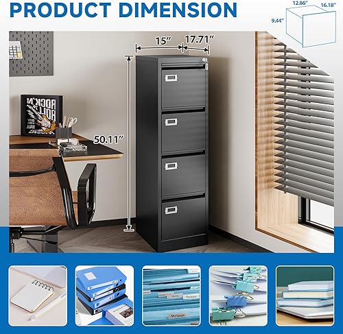 Miniatura 4 de BYNSOE Archivador de 4 cajones con cerradura, archivador vertical de metal para oficina y hogar, archivador vertical para tamaño A4 legalcarta,