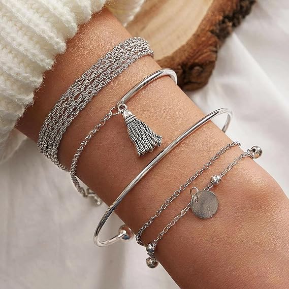 Silver Boho Bracelet Set for Women, 27 pcs Womens Silver Chain Bracelet Sets Tennis Bracelet for Women Girls