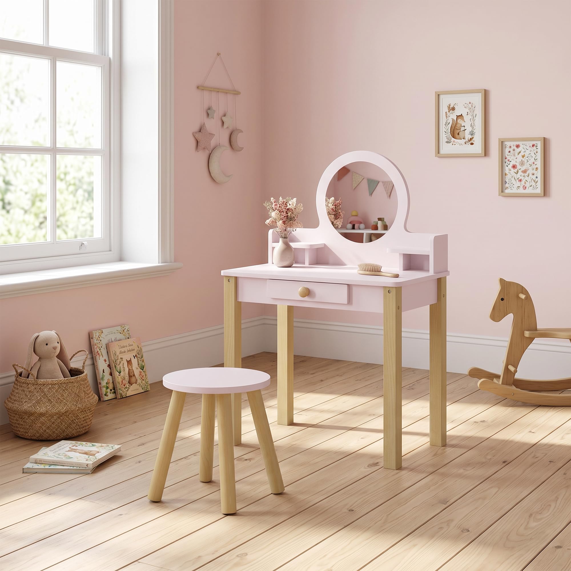 AIYAPLAY Set Toeletta Trucco Bambina 2 in 1 con Sgabello 3-6 Anni Rosa | Postazione Tavolo Trucco in Legno, Specchio in Acrilico, Cassetto, 2 Ripiani, Bordi Arrotondati
