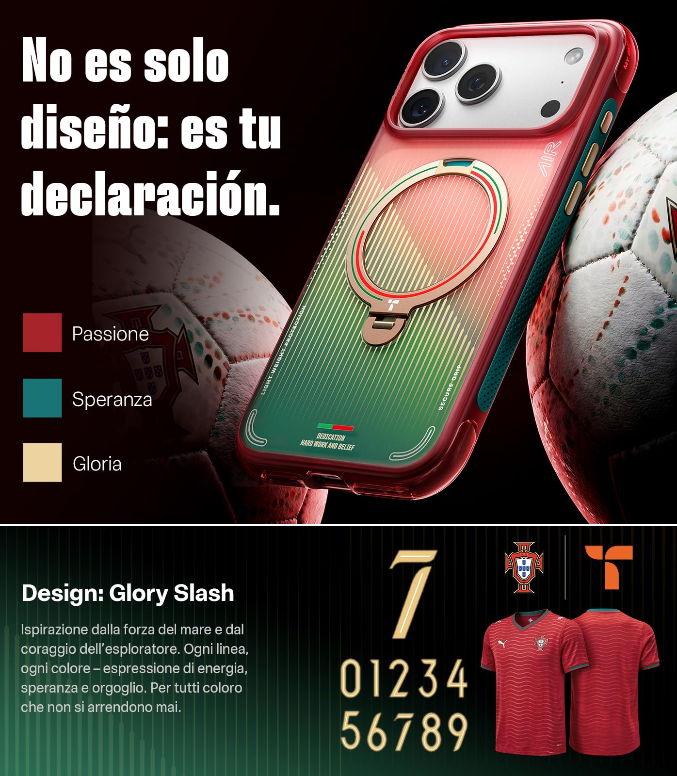 TORRAS Ostand Q3 Air per iPhone 17 Pro, custodia con supporto MagSafe, edizione tifosi del Portogallo N.7, custodia con supporto per la visione delle partite, custodia protettiva antiurto per Glory
