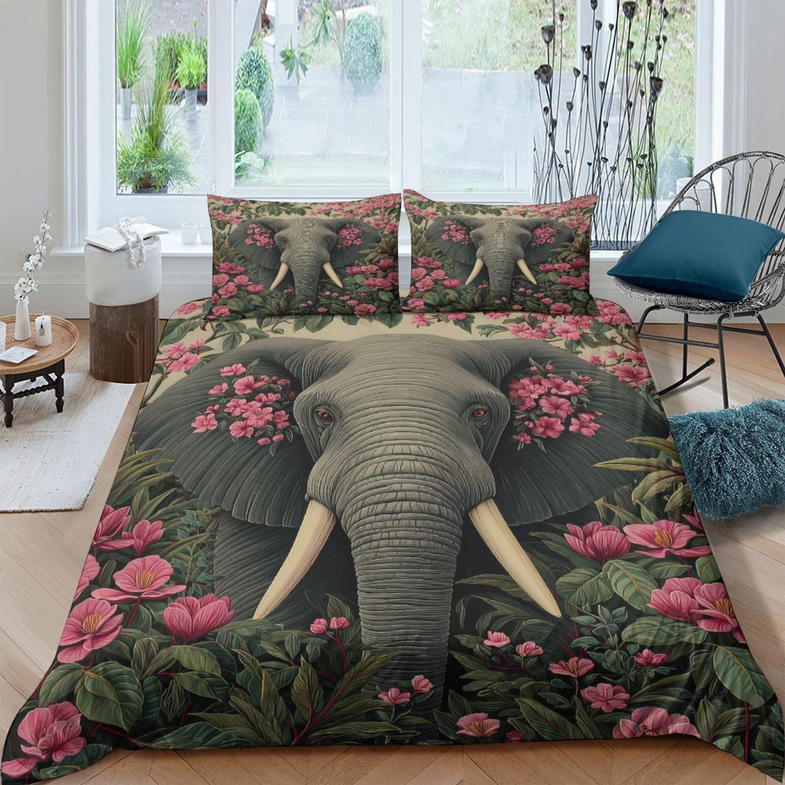 GPLZQXKJNH 3D Printed Elephant Jungle Duvet Cover Microfiber Soft Breathable Floral Bedding Set with 2 Pillowcases for Bedroom Decor Single（135x200cm）